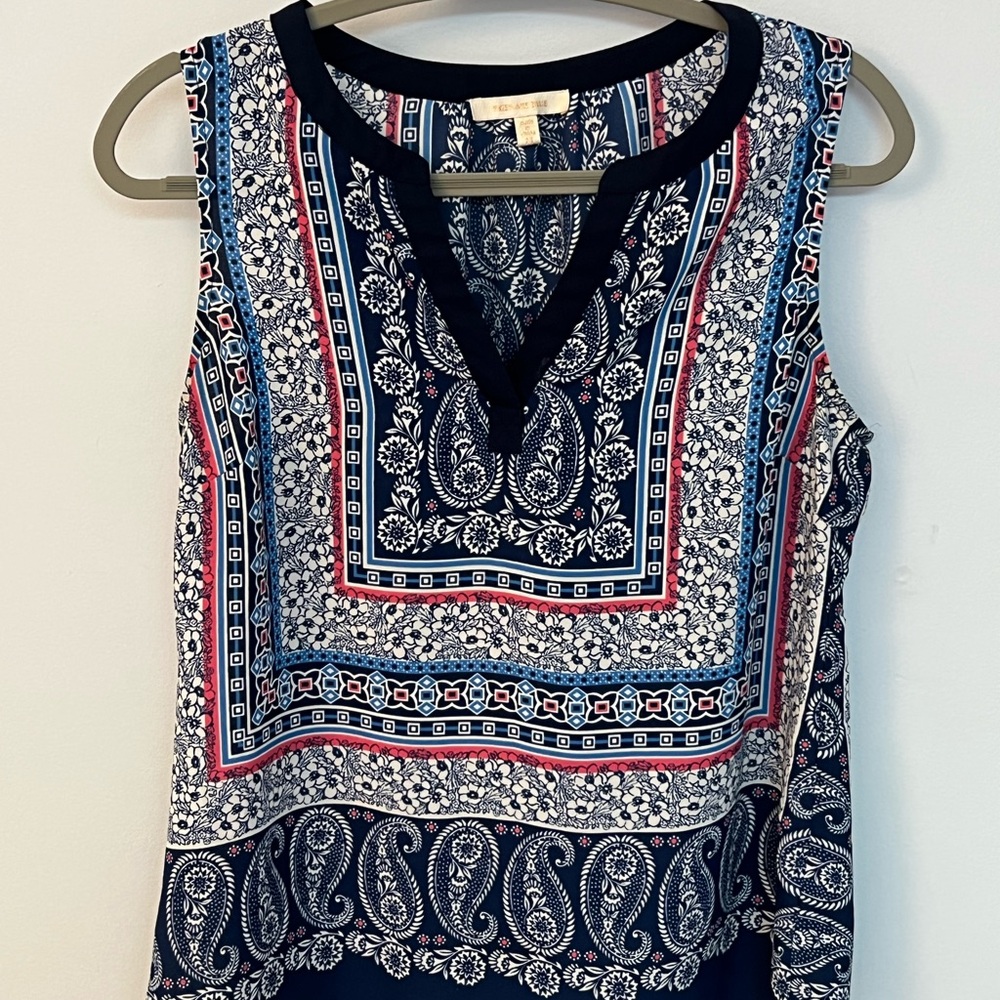 Skies Are Blue Sleeveless Boho Blouse in Blue and Red